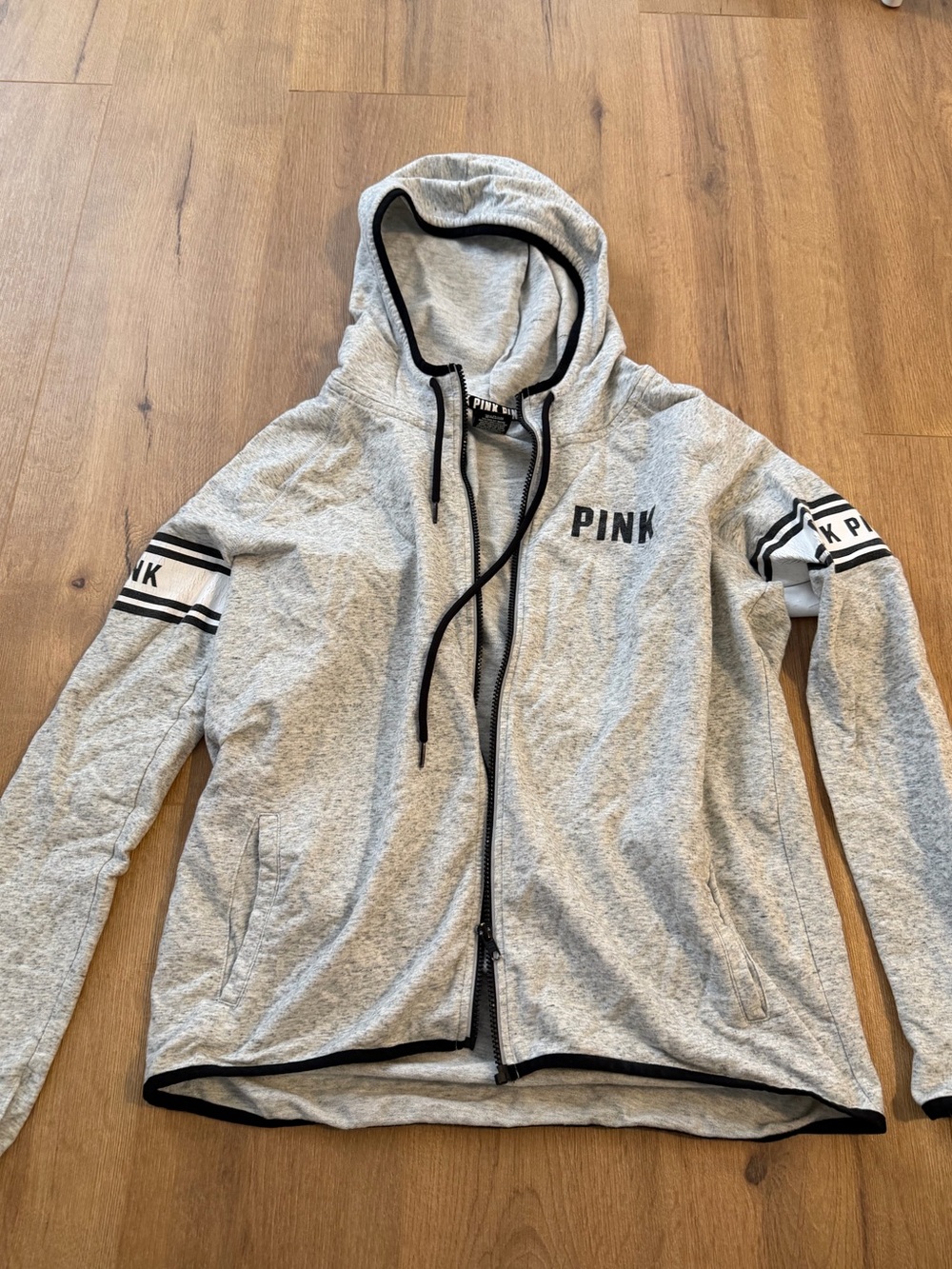 PINK Victoria's Secret Gray Hooded Zip-Up Jacket with Black Trim